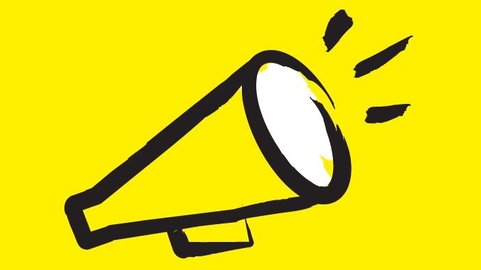 An illustration of a megaphone outlined in a black paintbrush style design with white and black accents.