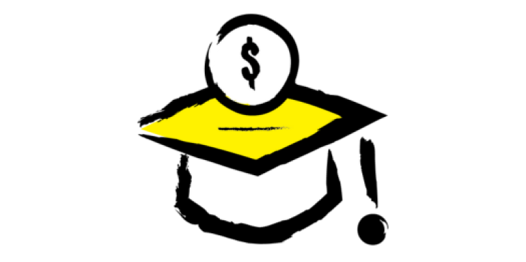 An illustration of a graduation cap with a dollar sign floating above the cap. The cap icon is outlined in a black paintbrush style design with yellow accents. 