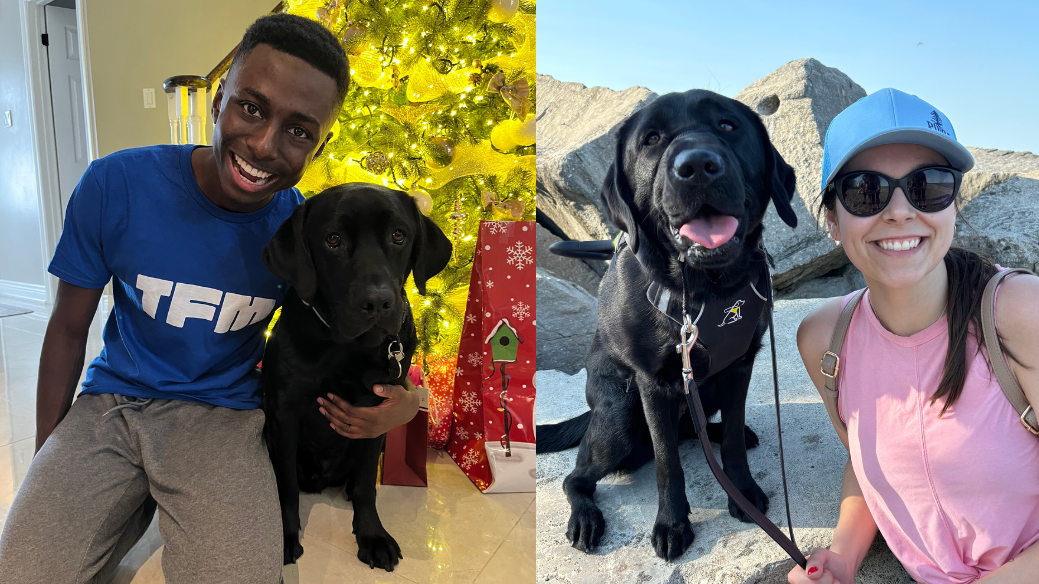 A collage of two photographs featuring two graduating partnerships. Left: Adam and his guide dog, Murdoch, a black lab, pose for a photo together in front of a Christmas tree. Adam is smiling from ear to ear and kneeling on the ground next to Murdoch. Adam gives Murdoch a half hug. Right: Outdoors, Danica and her guide dog, Ella, a black lab, pose for a photo together in front of a boulder/stone wall. Danica is smiling and leaning on the wall next to Ella, who is in harness.