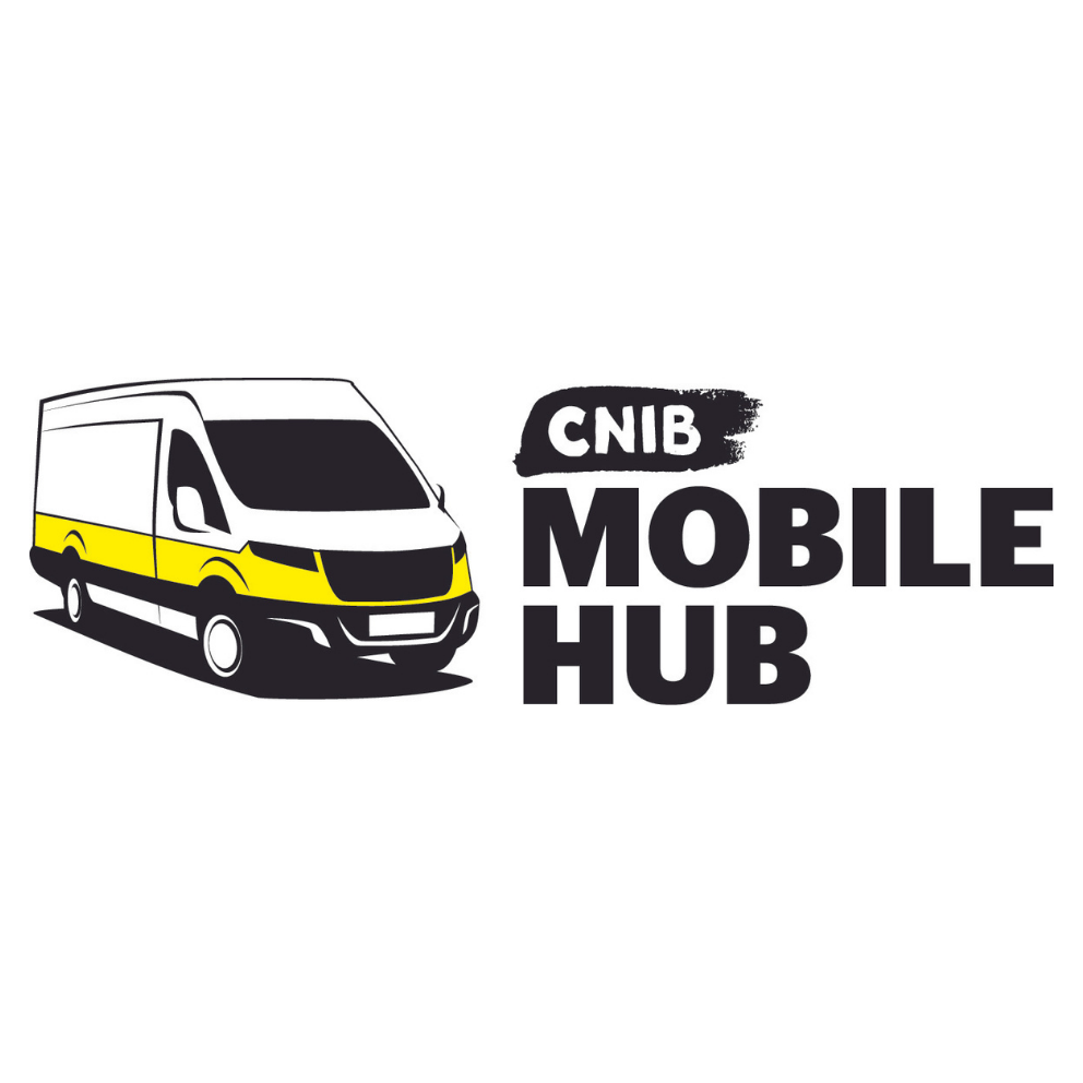 CNIB Mobile Hub logo. A graphic art illustration of a white cargo van outlined with yellow and black accents. Text: CNIB Mobile Hub.