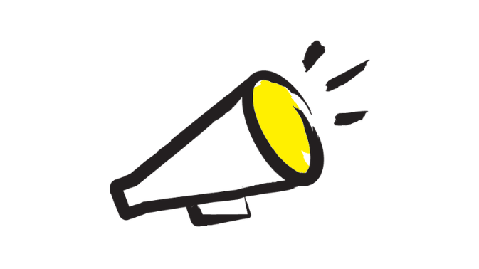 An illustration of a megaphone outlined in a black paintbrush style design with yellow accents.