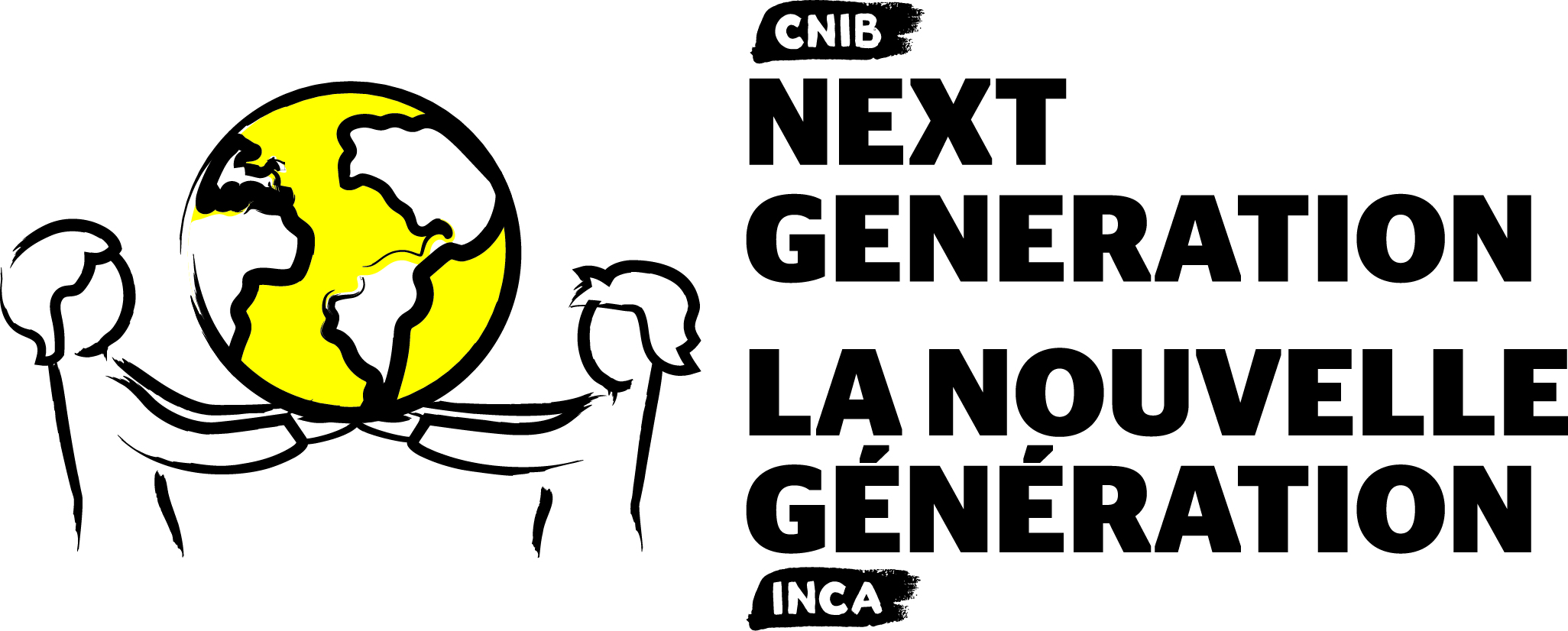 CNIB Next Generation logo. A silhouette illustration of two young people holding a globe. One person is on the left-hand side of the globe; another person is on the right. The globe has yellow accents, and to the right is the CNIB logo, accompanied by the text Next Generation.
