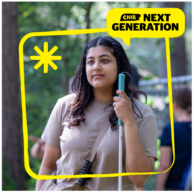 CNIB Next Generation - a young girl with a White Cane gazes outward