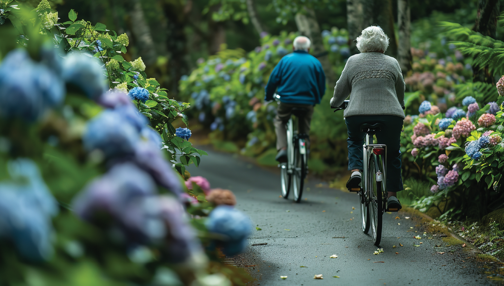 Two older adults ride bicycles down a pathway surrounded by lush greenery and colourful flowers. The image is taken from behind, so only the cyclists' backs appear.