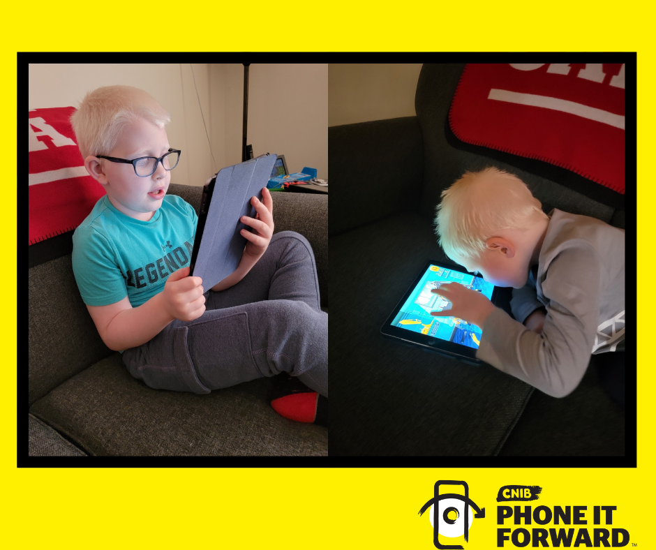 Lucas Burk (left) sits on a couch and holds his iPad with both hands. He is wearing glasses and a blue t-shirt. Ryan Burk (right) lays on a couch on his stomach and plays a game with his iPad. The iPad is leaning against the couch.