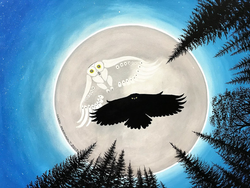 A painting by Perry Perrault of two owls, one black one white, flying high in the centre of a full moon in a blue night sky. Forest trees surround the moon