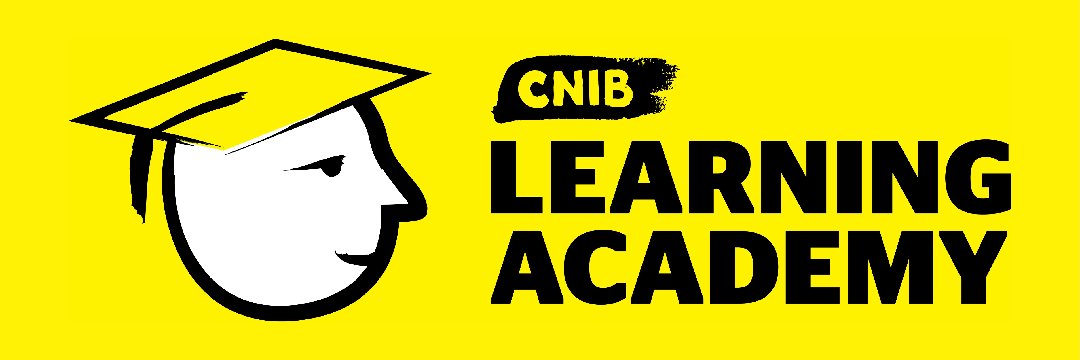 CNIB Learning Academy logo. A graphic-art illustration of a smiling face/icon wearing a graduation cap with white accents. Text: CNIB Learning Academy