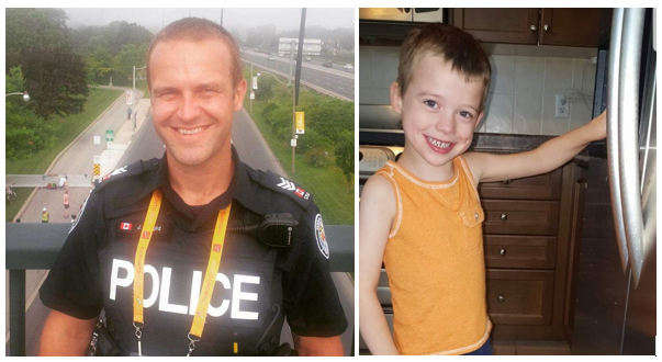 Le détective Jeff Bangild en uniforme de police et son jeune fils, Ryan