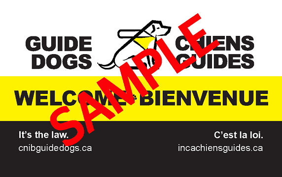  Half of the top of the head of a black Labrador and the words "Guide dogs are welcome everywhere." It's the law. »As well as the logo of the INCA Foundation, in partnership with Guide Dog Users of Canada