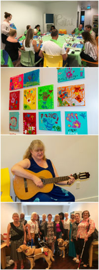 Plusieurs photos des carrefours d’INCA montrant des œuvres d’art sur un mur, des étudiants en arts et une guitariste. 
