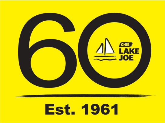 CNIB Lake Joe 60th anniversary logo - yellow background with "60" in big black text. The CNIB Lake Joe Joe logo with an outline of a sailboat is inside the zero. Underneath is a black brush stroke followed by "Est. 1961".