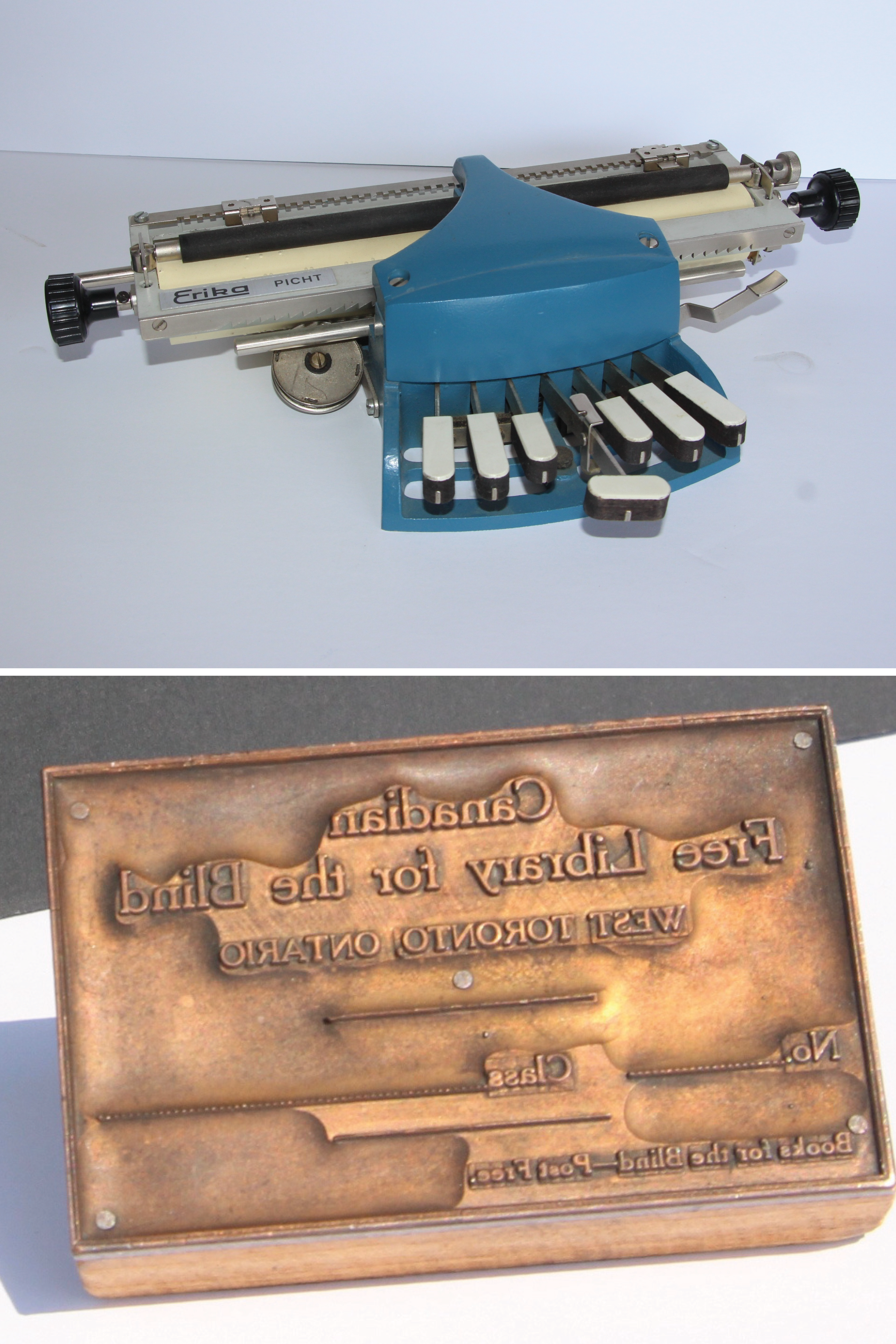 Top: Erika picht portable braillewriter ca. 1960. Bottom. Canadian Free Library for the Blind ca. 1910 – brass plate for stamping books. Plate reads: Canadian Free Library for the Blind, West Toronto Ontario No. Class. Books for Blind – Post Free. 