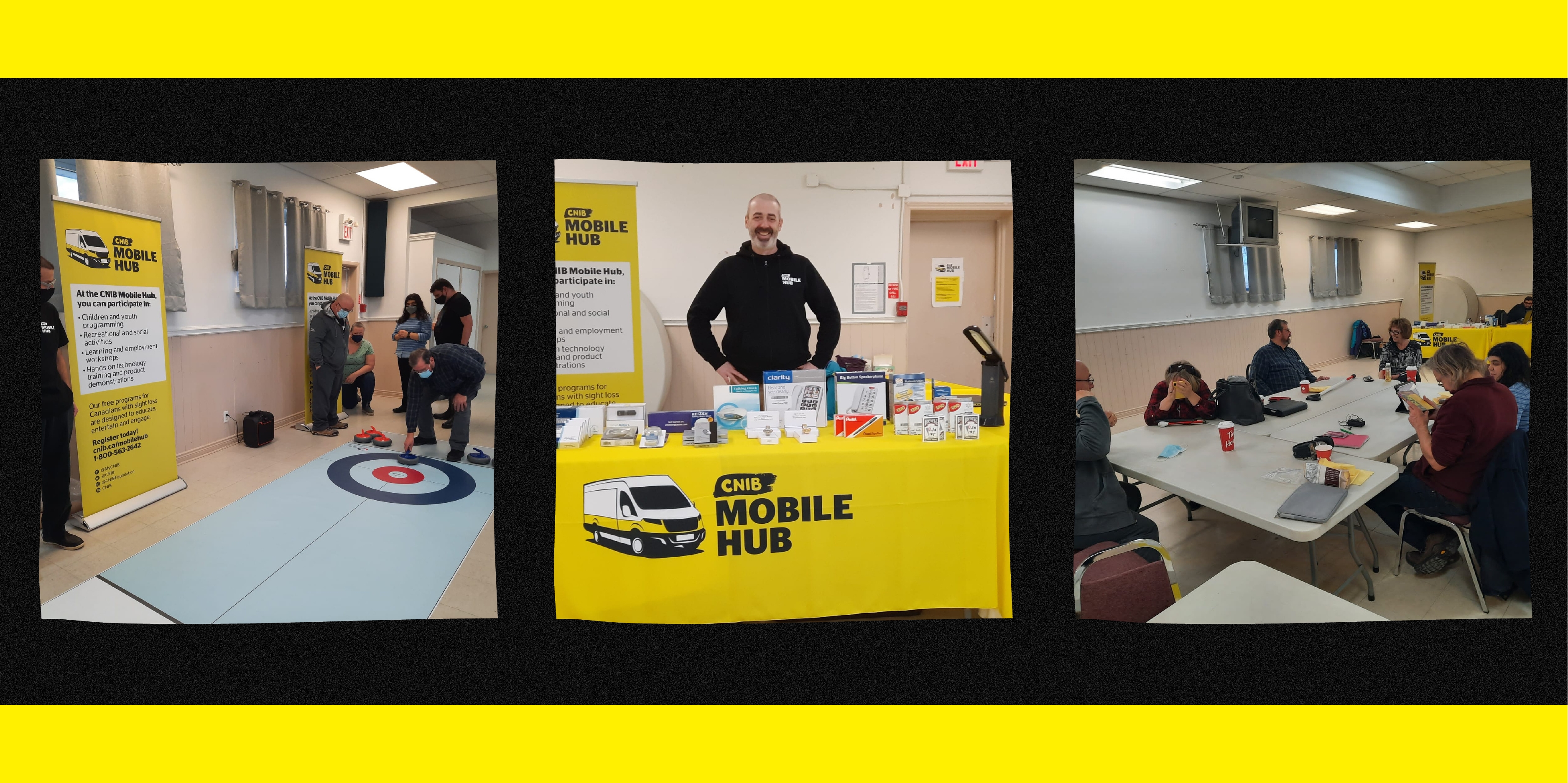 A collage of 3 photographs. Left, Six people play a game of floor curling inside a rec centre at the CNIB Mobile Hub Hamilton stop. Center, A man stands behind a desk displaying a branded table cloth and tech products. Right: A group of six people sit around a table and participate in a tech workshop.