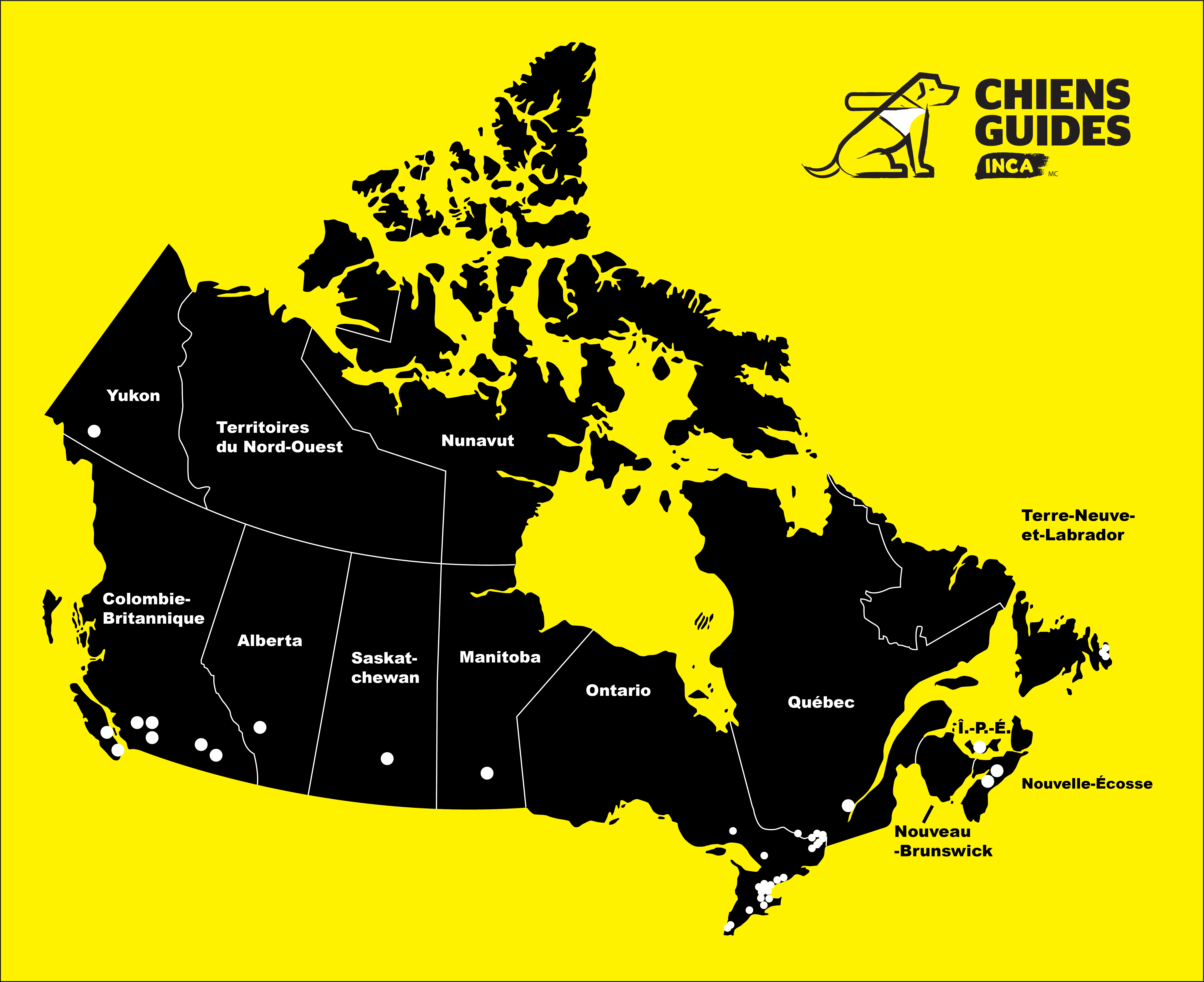 Carte du Canada jaune et noir avec des points où ont été placés des chiens-guides