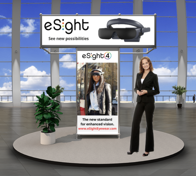 A virtual booth. One avatar stands in front of a poster featuring the company, vFairs.