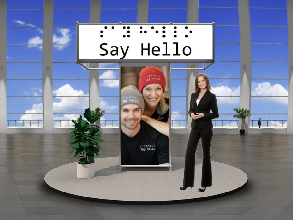 A virtual booth. One avatar stands in front of a poster featuring the company, Say Hello.