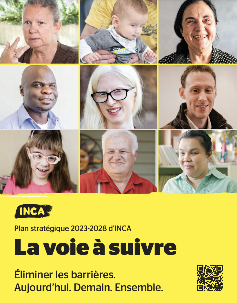 La page de couverture du plan stratégique d'INCA, intitulé La voie à suivre. Elle présente un collage de photos de personnes aveugles, sourdes-aveugles ou malvoyantes d'âges, de sexes et d'ethnies différents. 
