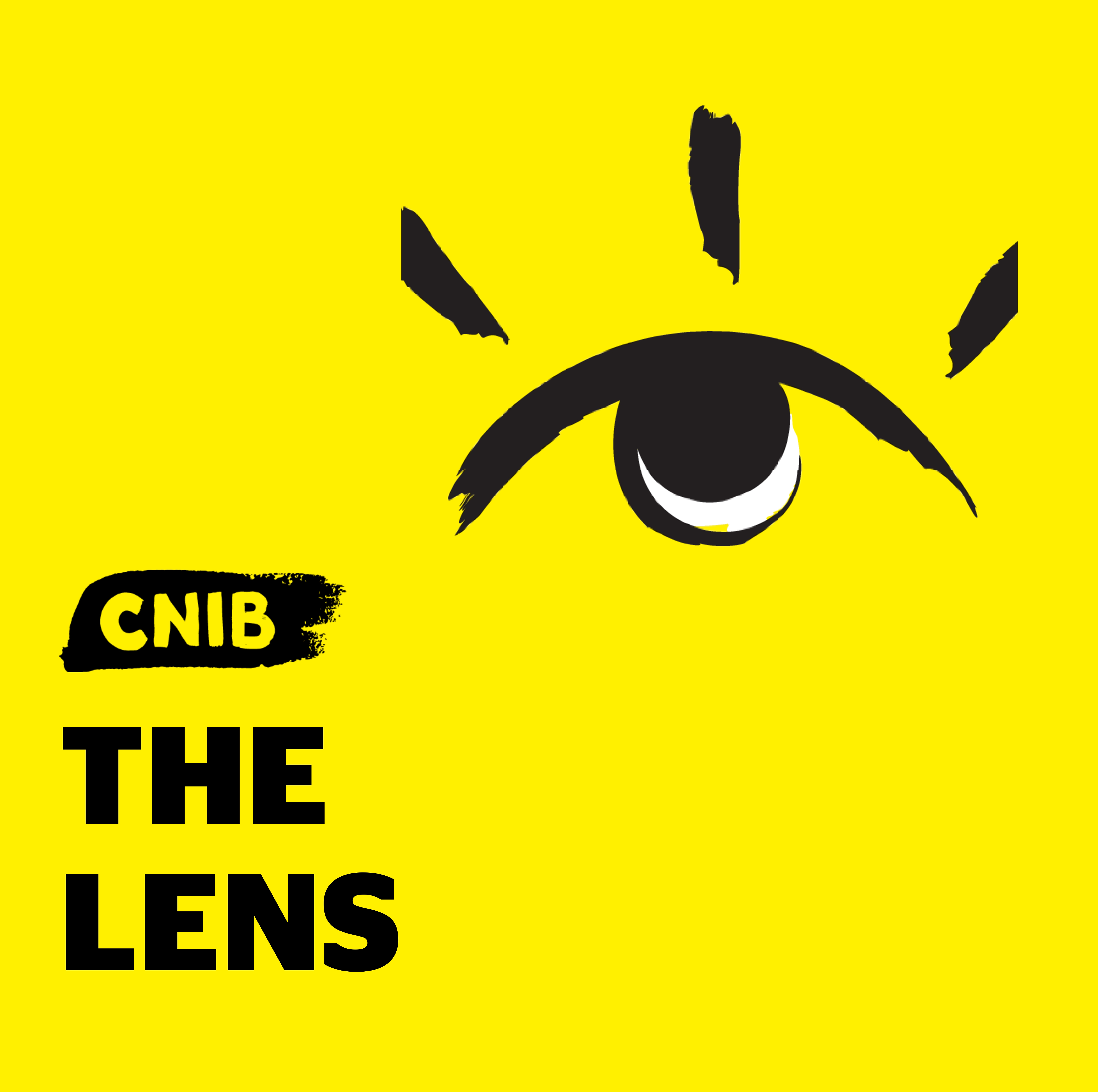 The Lens podcast logo. A graphic-art illustration of a blinking eye outlined in a black paintbrush style design. CNIB logo. Text: The Lens.