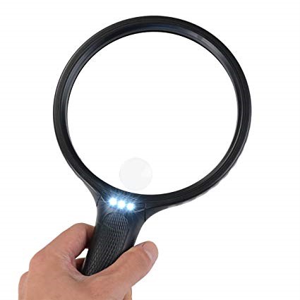Hand holding an illuminated magnifier. 