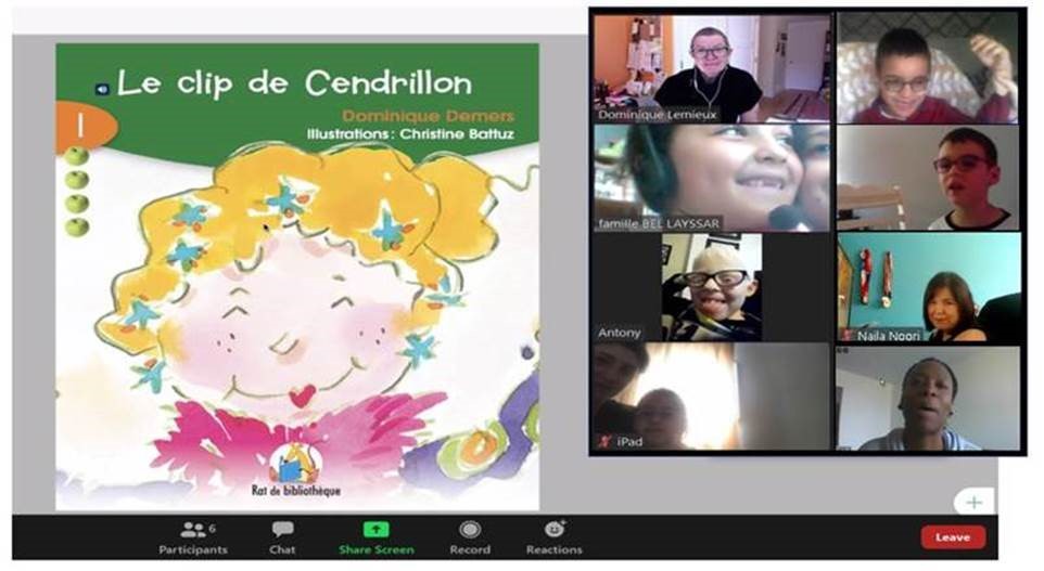 À gauche, la couverture du livre "Le clip de Cendrillon", par Dominique Demers. À droite, une capture d'écran de 7 jeunes et de Najla, en vidéoconférence pour "Les chouettes découvertes".