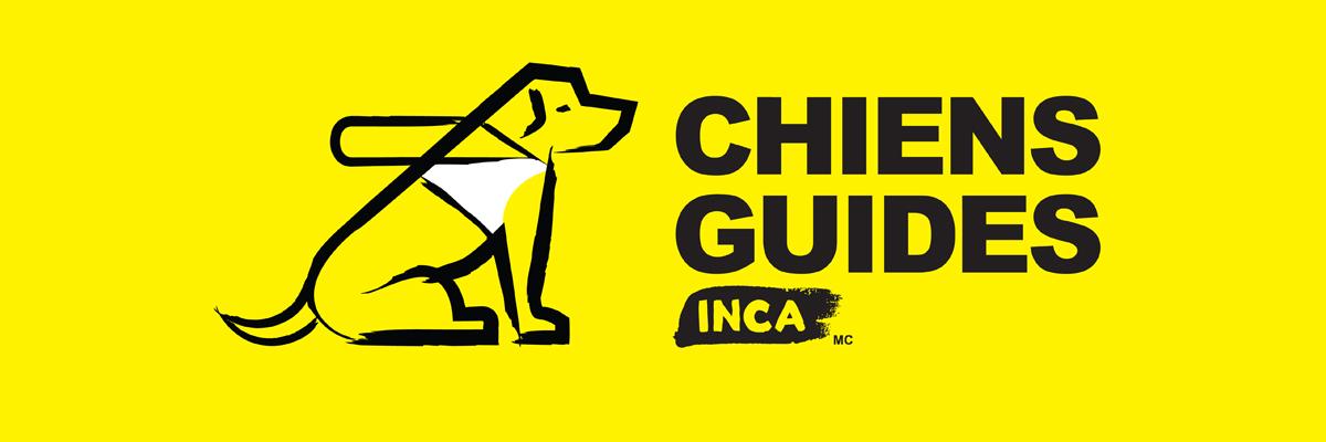 Logo des chiens-guides d’INCA : Un dessin d’un chien en harnais assis à côté des mots « Chiens-guides d’INCA » .