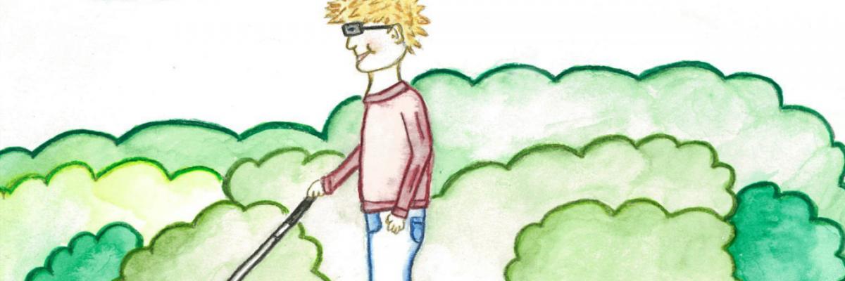 Illustration de Tommy Inspirée de « Tommy Wants a Guide Dog », un garçon marchant sur un trottoir à l'aide d'une canne blanche.