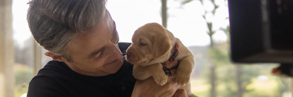 Ben Mulroney holding a weeks-old puppy, a yellow Labrador-Retriever.