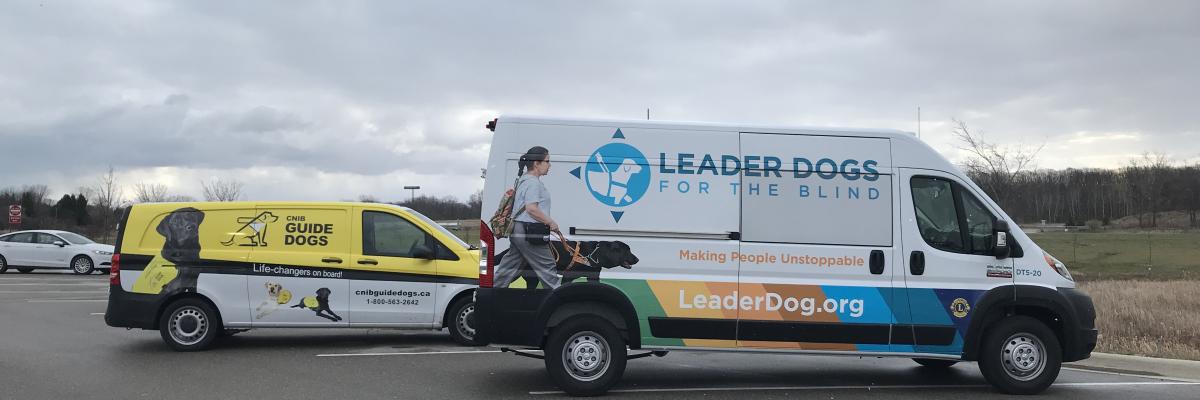 Une camionnette aux couleurs des chiens-guides d'INCA (à gauche) garée à côté d'une camionnette de Leader Dogs for the Blind des États-Unis (à droite).