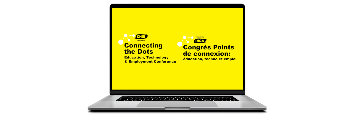 Un ordinateur portable présentant le logo bilingue du congrès Points de connexion sur un écran jaune.