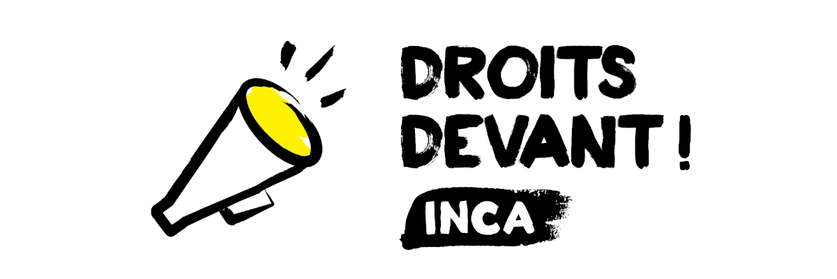 Icône d'un porte-voix. Texte : "Droits devant!" avec le logo d'INCA