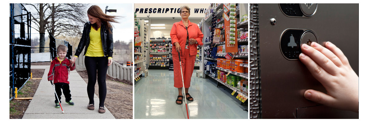 A collage of two photographs. Left, a young child holds his mother's hand and a white cane. He walks along a sidewalk. Right, an older woman has a white cane and walks down a pharmacy aisle. 