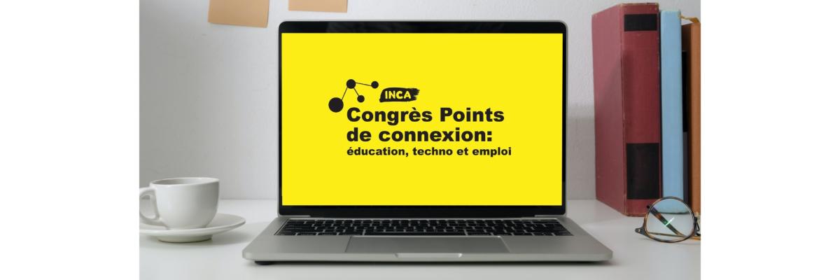 Un ordinateur portable présentant le logo du congrès Points de connexion sur un écran jaune.