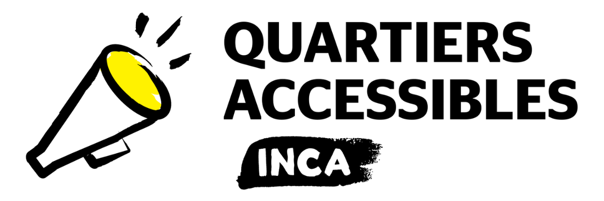 Logo du projet Quartiers accessibles d’INCA avec une icône de porte-voix aux couleurs jaune et noir d’INCA.