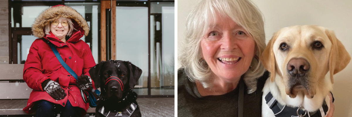 Two photos of graduating partnerships. Left: Cheri smiles and sits on a bench, and her guide dog, Sassy, sits on the pavement to her right. Sassy is a black dog in harness. It’s lightly snowing, and Cheri is wearing a red winter jacket and gloves. Right: Maxine and her guide dog, Symba, pose for a selfie together. Symba is a yellow dog in harness.