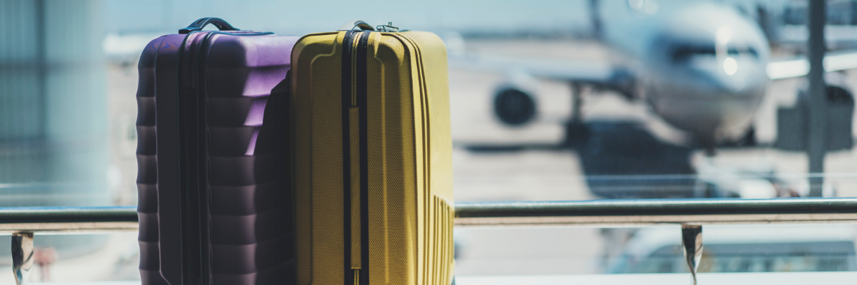 Two suitcases sit side-by-side in front of a window in an airport departure lounge. Outside the window, an airplane sits on the tarmac at the boarding gate. The airplane is out of focus and blurry.  