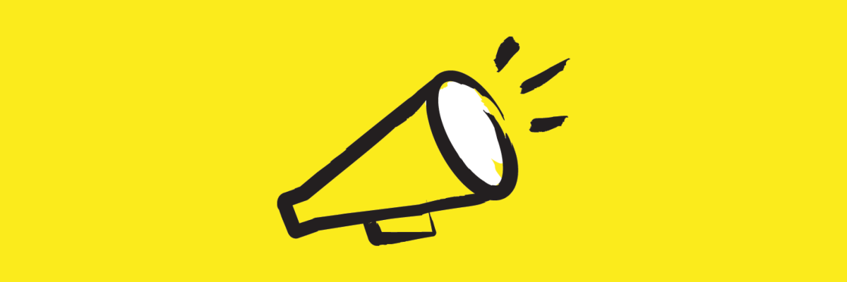 An illustration of a megaphone outlined in a black paintbrush-style design with yellow accents.