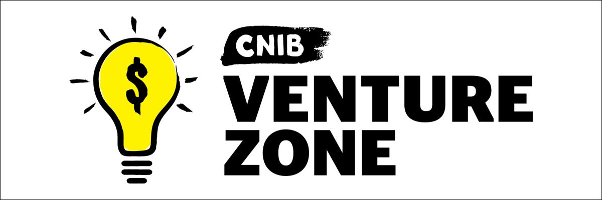 Illustration du logo du jeu Venture Zone, qui montre une ampoule jaune vif sur laquelle se trouve un signe de dollar et flanquée des mots « CNIB Venture Zone ».