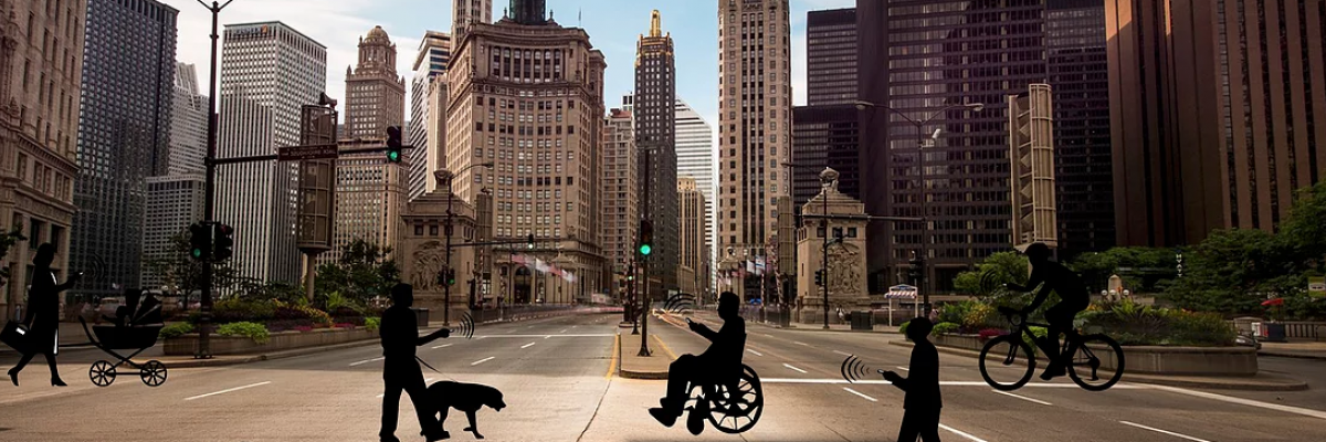 Image d'une ville avec des silhouettes noires représentant un quartier accessible à tous : une femme en poussette, une personne avec un chien-guide, une personne en fauteuil roulant, un cycliste, etc.