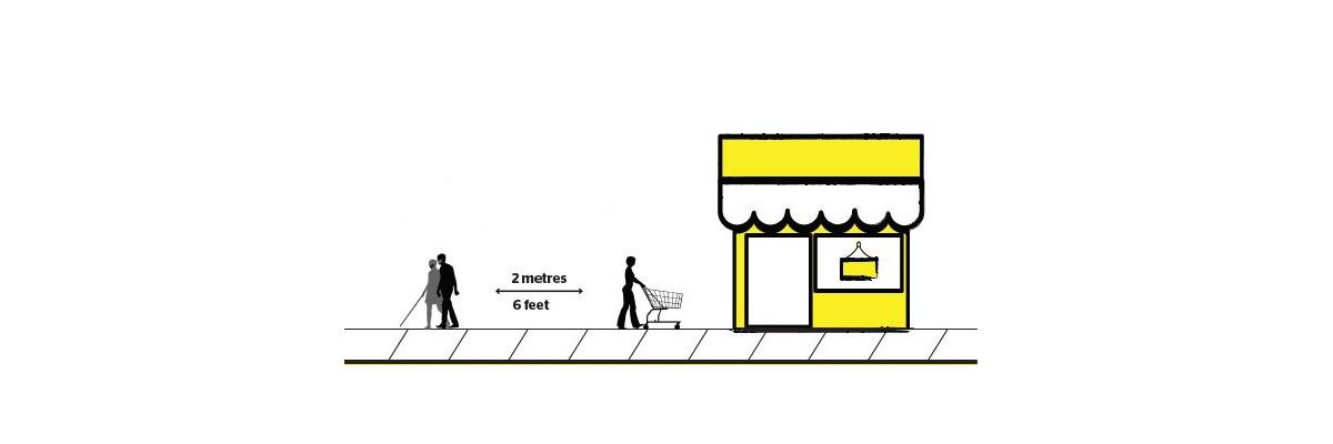  Une illustration d'une personne marchant avec une canne blanche et un guide-voyant.  À deux mètres d'eux, un client poussant un charriot en direction d'un commerce.