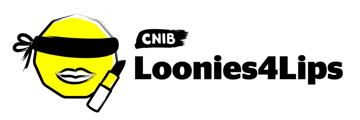 A yellow face in the shape of a loonie with a blind fold on and lipstick tube beside it.  The CNIB logo to the right with the words "Loonies4Lips" underneath