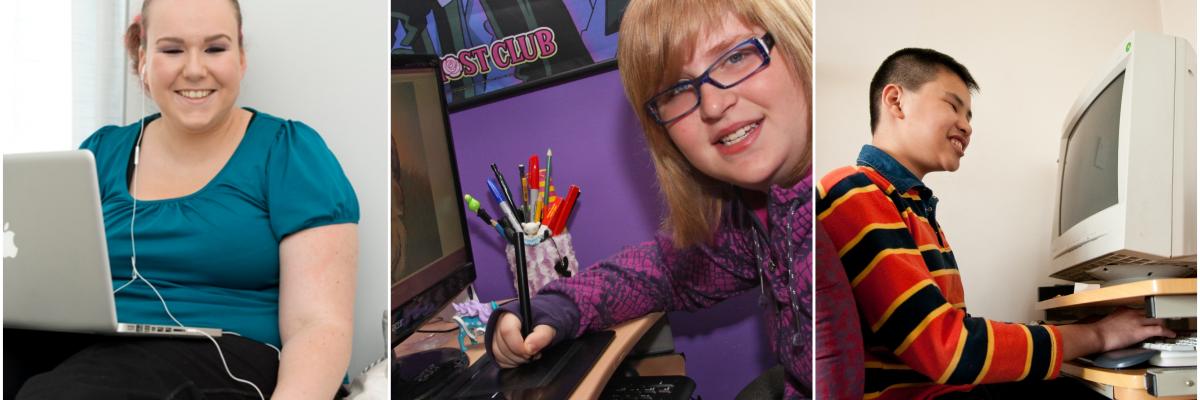 Collage of three images of young people with sight loss using computers at home