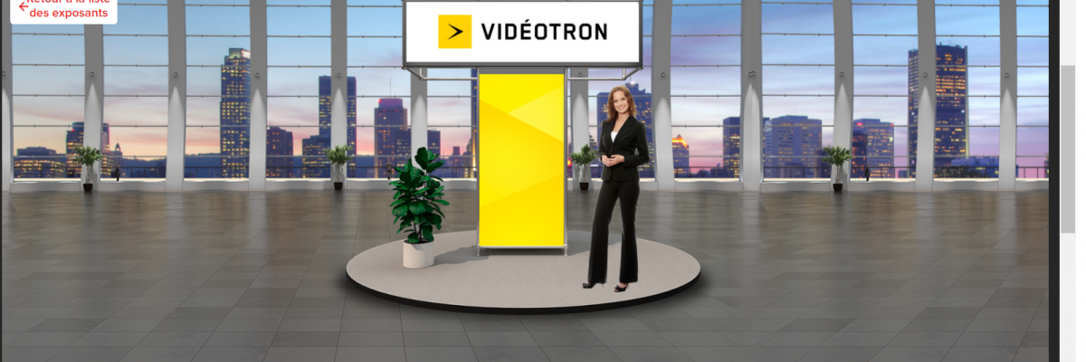 L'avatar d'une femme en face d'un kiosque virtuel ayant le logo de Vidéotron.