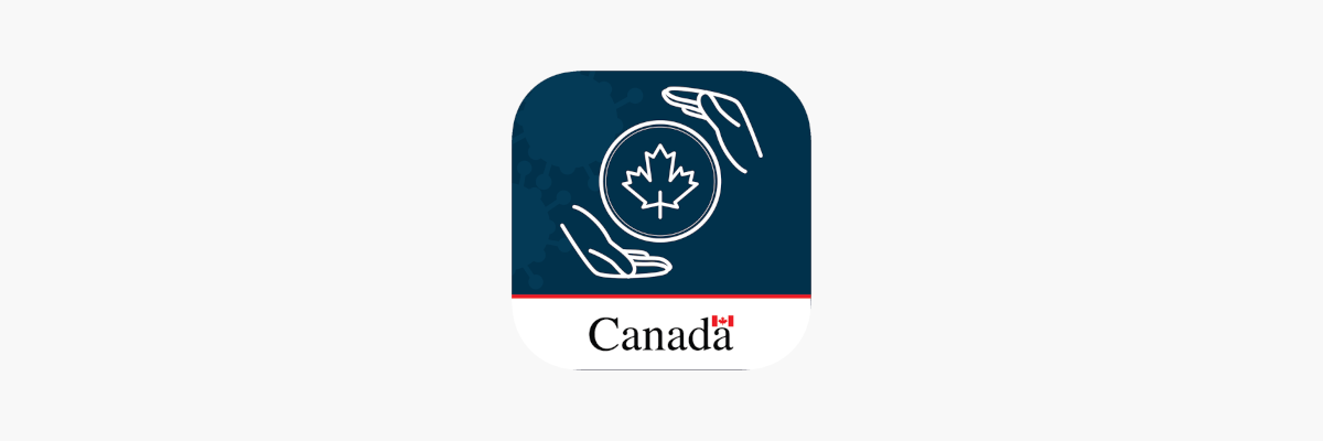 Icône de l'application ArriveCAN. Une illustration carrée de mains tenant une feuille d'érable entouré d'un cercle. iCône du Gouvernement du Canada. 
