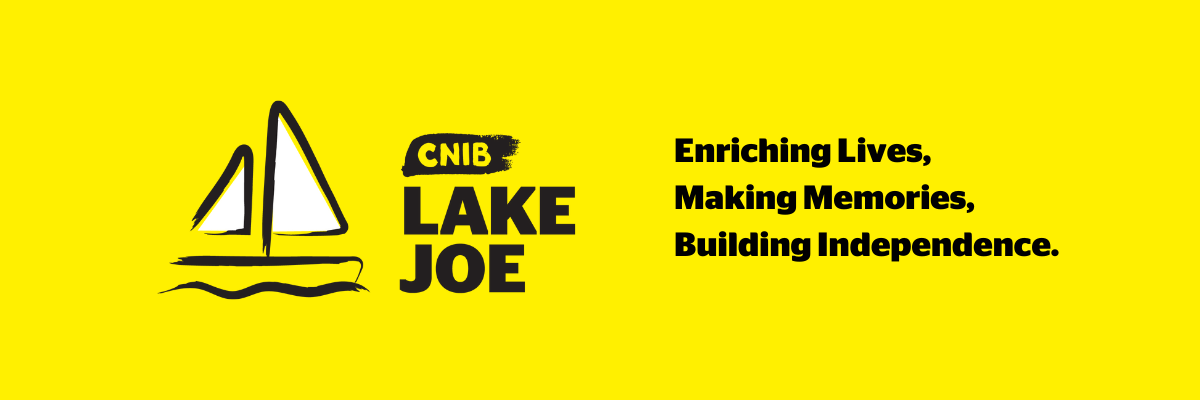 An illustration of a sailboat outlined in a black paintbrush style design. A dash of white paint appears on the boat sail. Text: CNIB Lake Joe. Enriching Lives, Making Memories, Building Independence. 