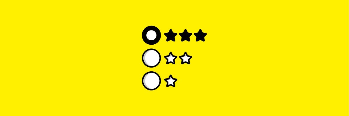 Un arrière-plan jaune avec une illustration superposée de trois dessins abstraits circulaires et d'étoiles, comme un système d'évaluation à trois paliers. La première ligne comporte un champ avec 3 étoiles, la deuxième ligne comporte 2 étoiles et la troisième ligne 1 étoile. 