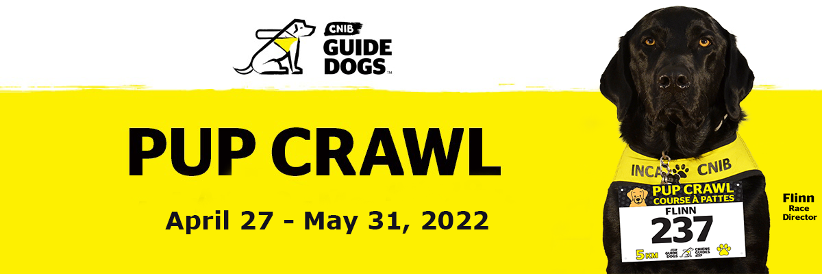 Pup Crawl web banner, that shows Flinn the race director and the dates April 27 - May 31, 2022