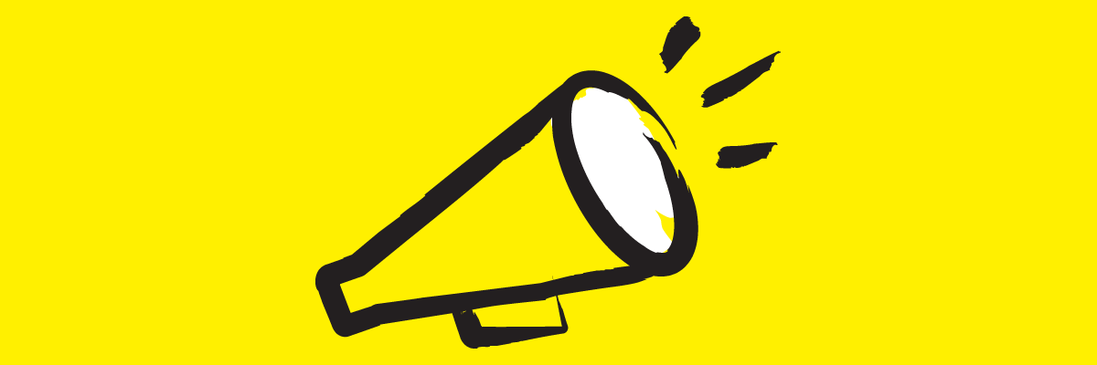 An illustration of a megaphone outlined in a black paintbrush style design with white and yellow accents.