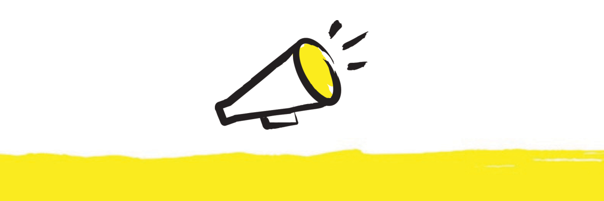 An illustration of a megaphone outlined in a black paintbrush style design with yellow accents.