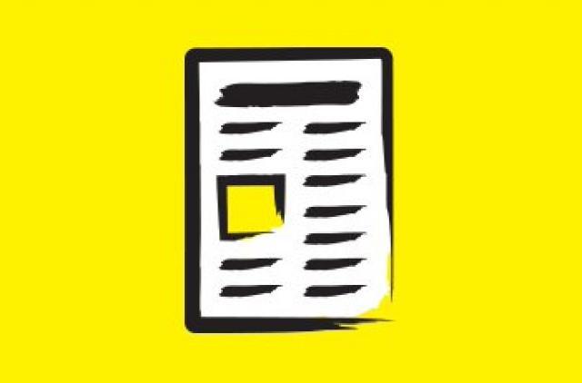 A cartoon drawing/illustration of a white newspaper on a yellow background.
