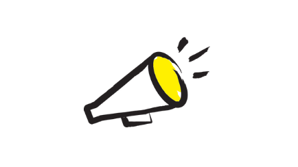 An illustration of a megaphone outlined in a black paintbrush style design with yellow accents.